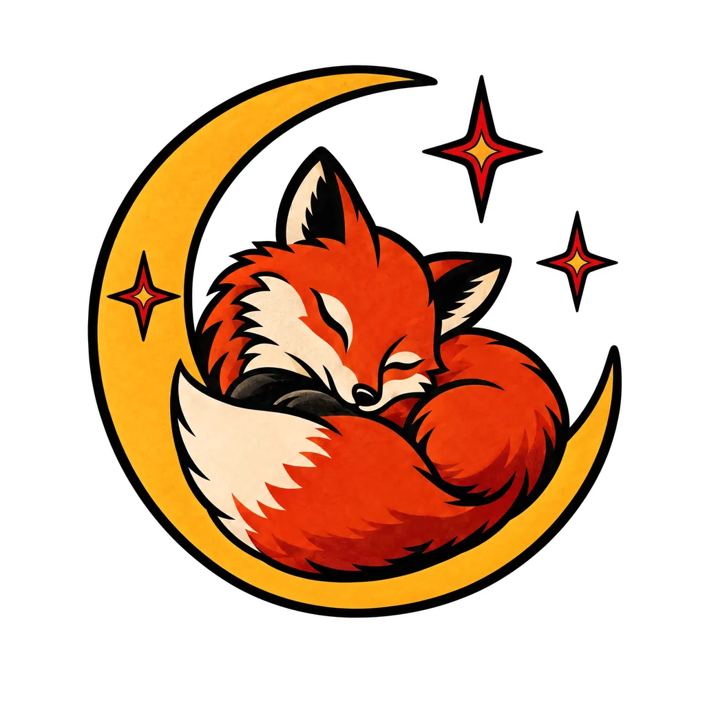 Fox curled up asleep inside a crescent moon with stars, a traditional colour tattoo design on white paper