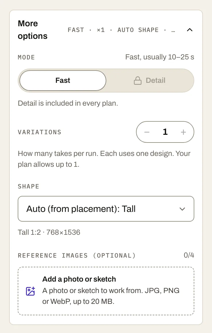More options: Mode, Variations, Shape and Reference images