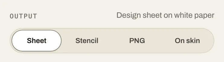The output picker: Sheet, Stencil, PNG and On skin, with Sheet selected