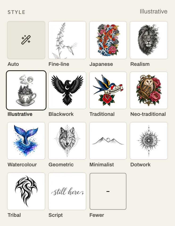 The style picker opened out: Auto plus thirteen style cards, with Illustrative selected