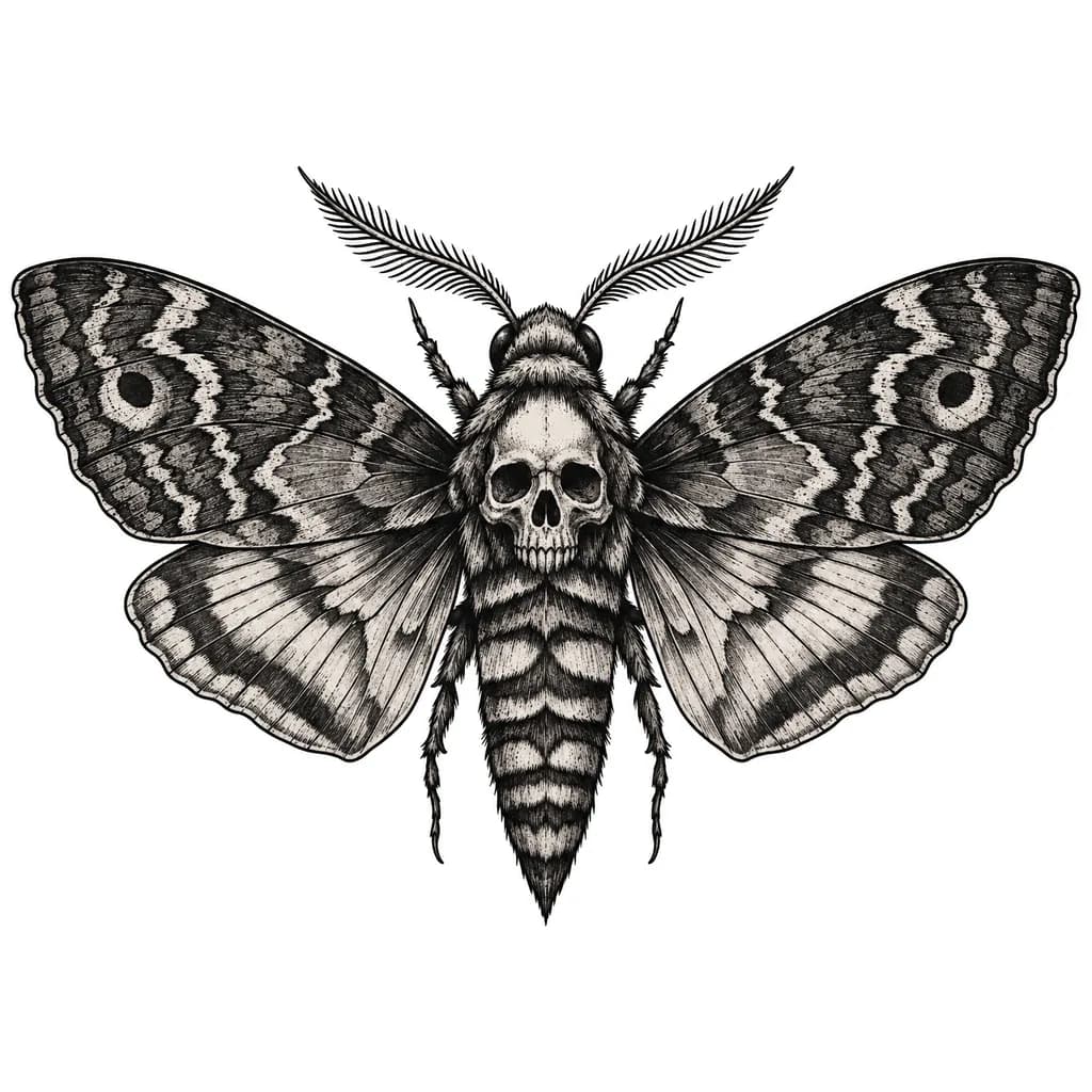 Moth with a skull on its back, a black and grey illustrative tattoo design on white paper