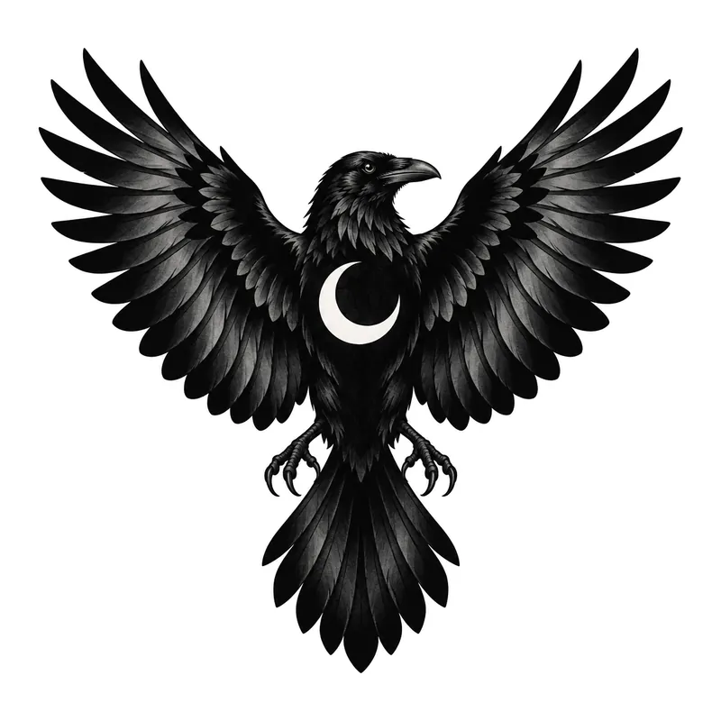 Blackwork raven with spread wings, a crescent moon left as bare skin in its chest
