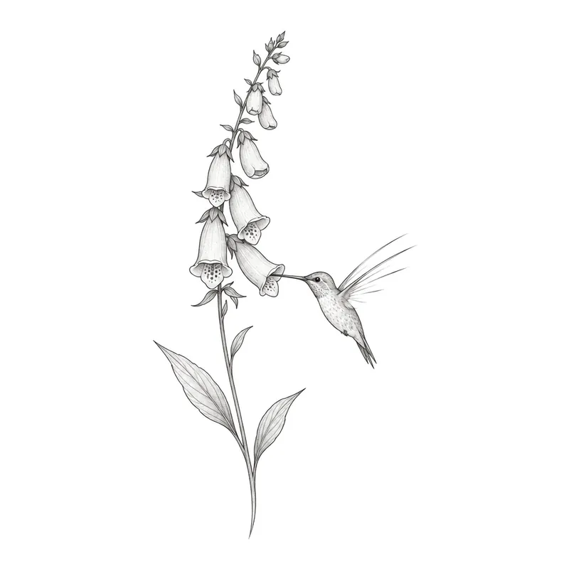 Fine-line hummingbird drinking from a foxglove, thin black lines on white paper