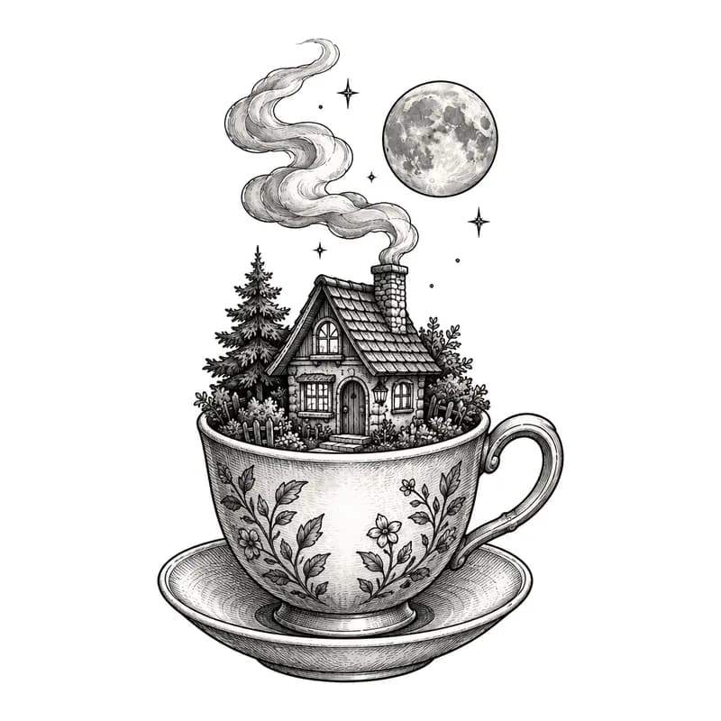 Illustrative storybook etching of a tiny house inside a teacup under the moon