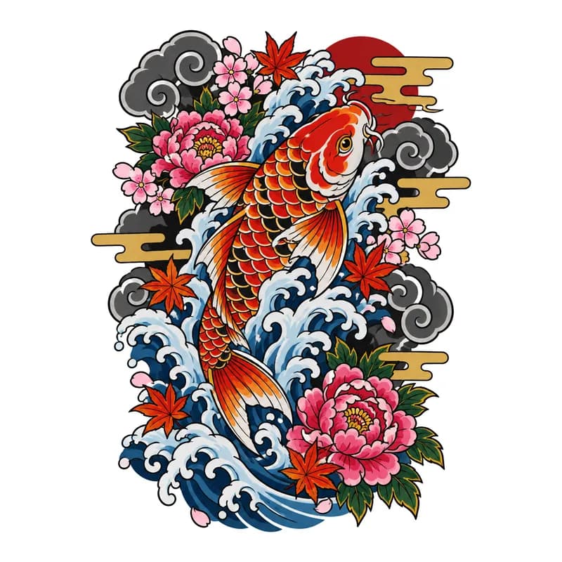 Japanese koi swimming up through crashing waves with maple leaves and blossoms, in colour