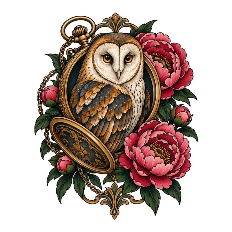 Neo-traditional barn owl framed by an open pocket watch and peonies, in colour