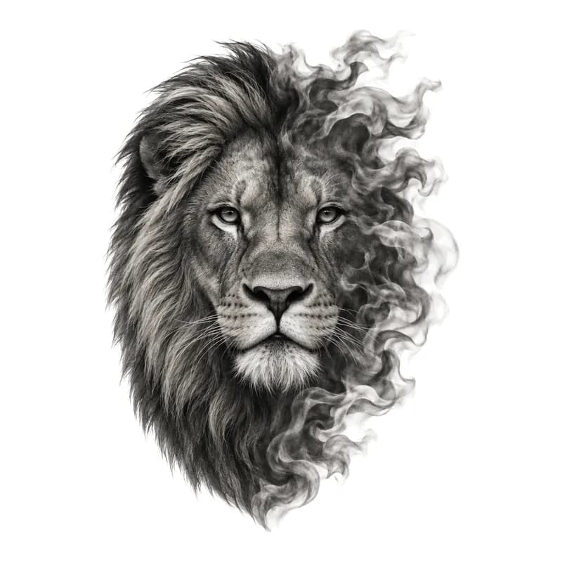 Realistic black and grey lion's face, half of its mane dissolving into smoke