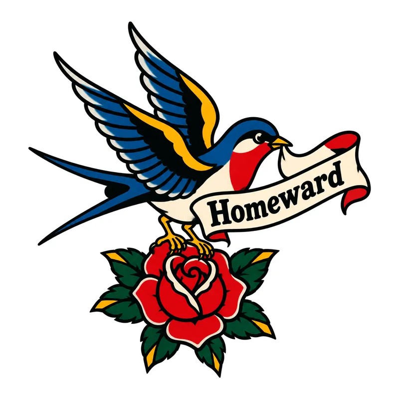 Traditional swallow carrying a “Homeward” banner over a red rose, in colour