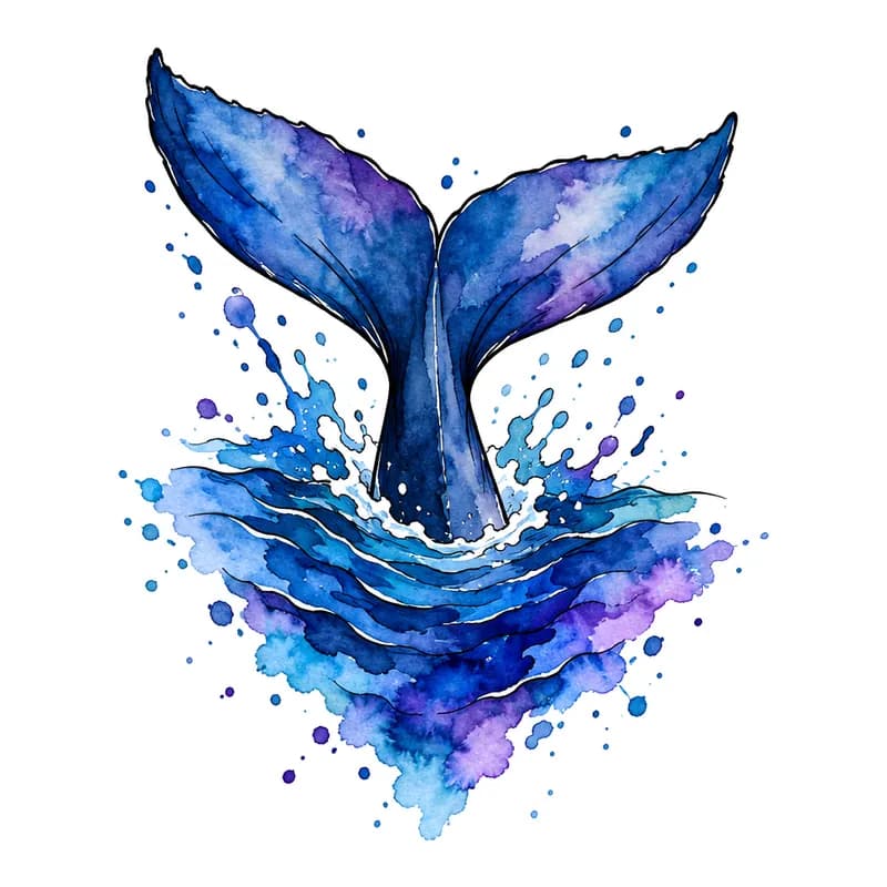 Watercolour whale's tail diving into a splash of deep blue and violet