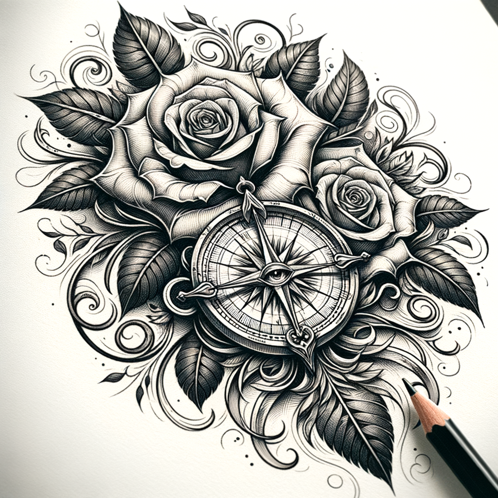 2 roses, stems with thorns, leaves compass eye of providnce tattoo design