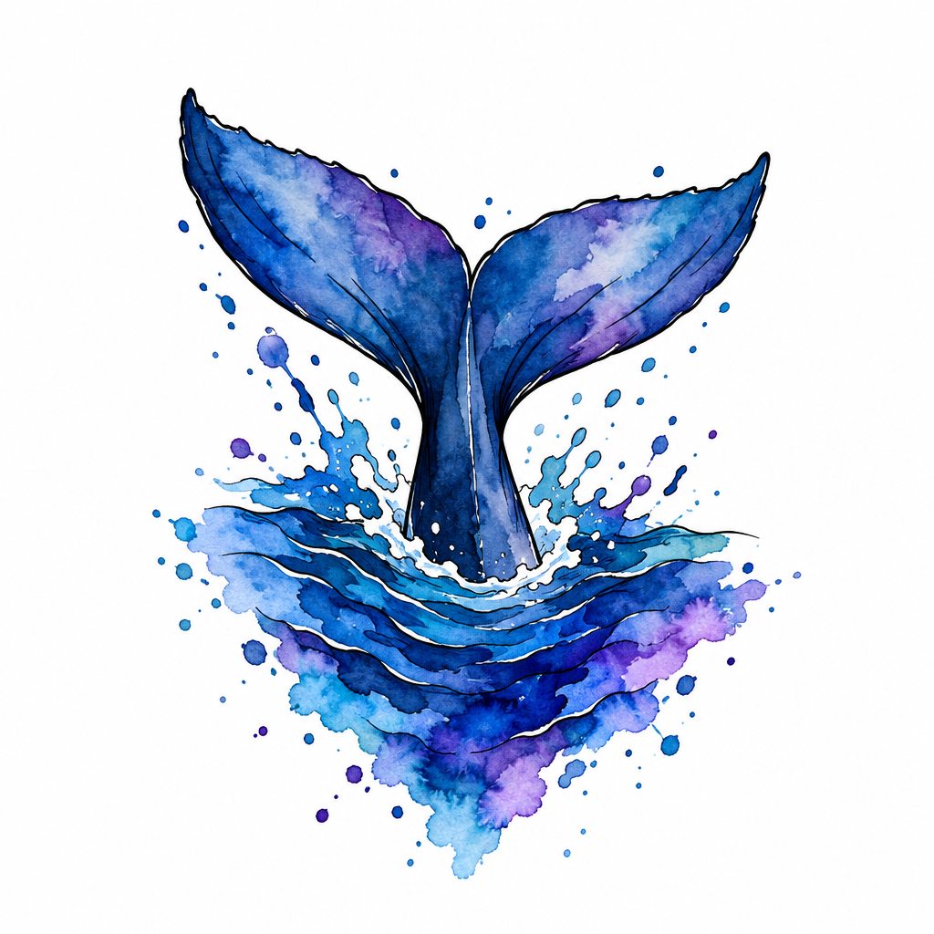 A whale's tail diving into a wash of deep blue and violet, held together by fine black outlines, Watercolour, colour tattoo design