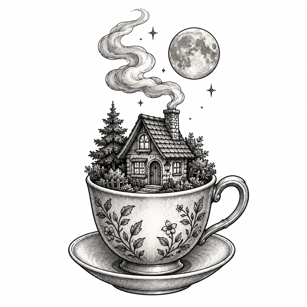 A tiny house inside a teacup, smoke curling from its chimney and a moon overhead, drawn like an old storybook etching, Illustrative, black & grey tattoo design