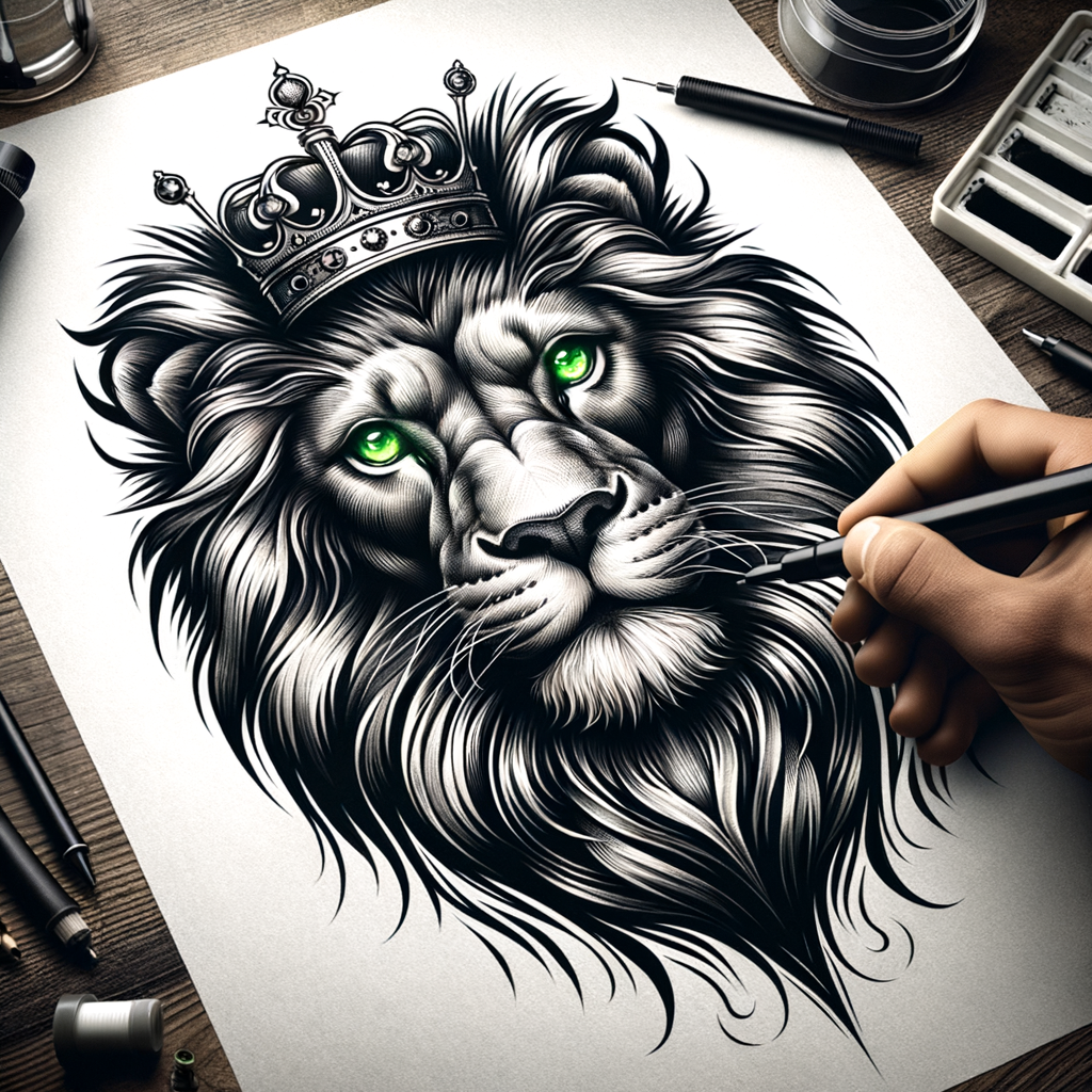 Lion with crown and green eyes tattoo design