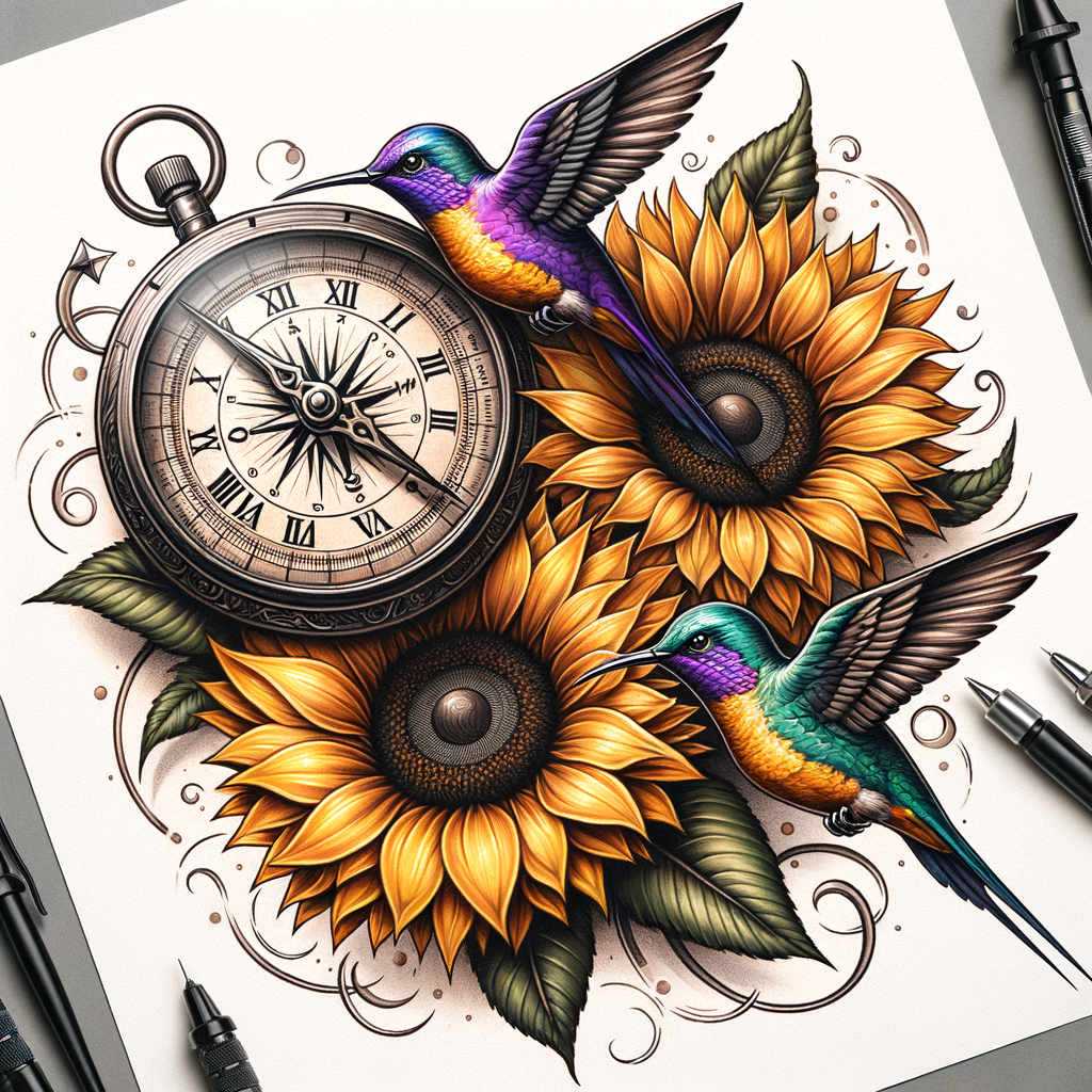 Compass, timepiece, hummingbirds, sunflowers tattoo design