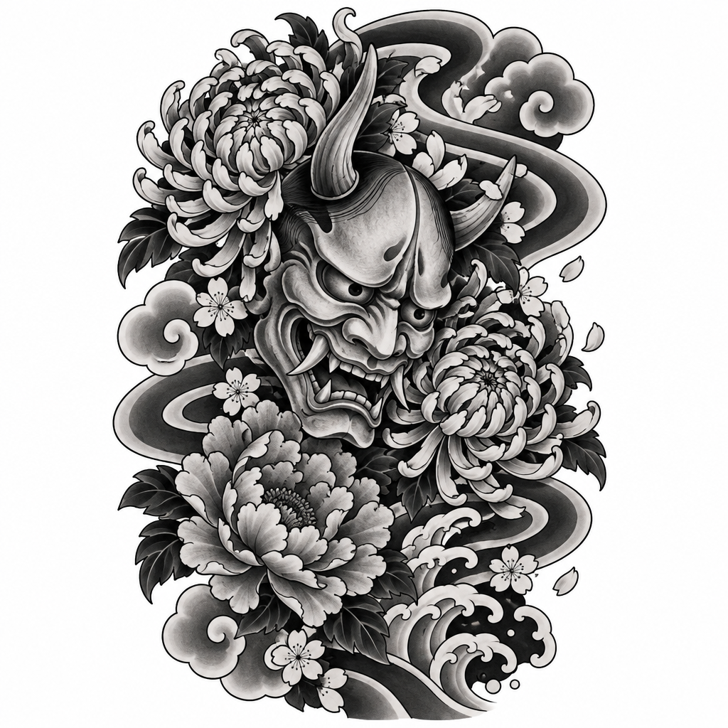 A hannya mask wreathed in chrysanthemums, with wind bars sweeping behind it, Japanese, black & grey tattoo design