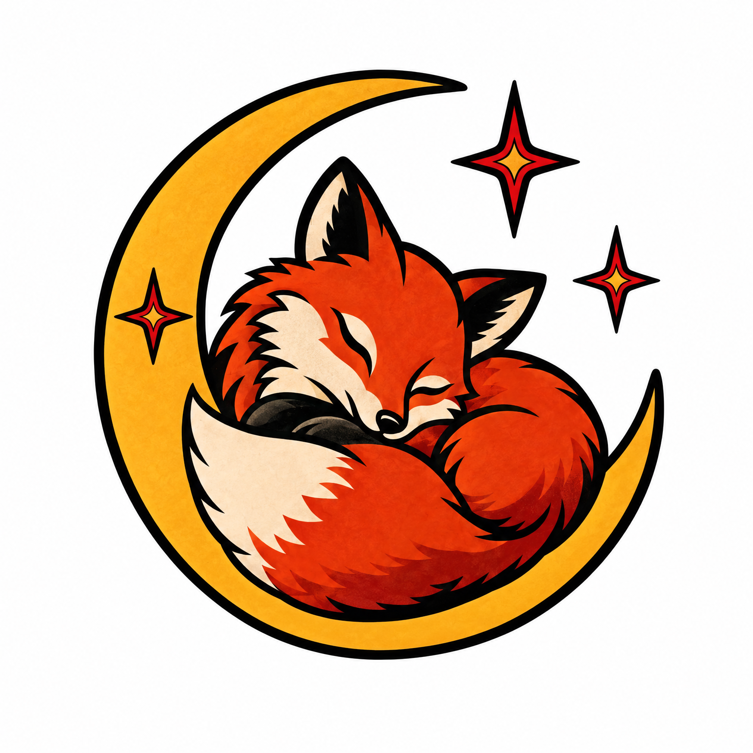 A fox curled up asleep inside a crescent moon, with a few small stars around it, Traditional, colour tattoo design