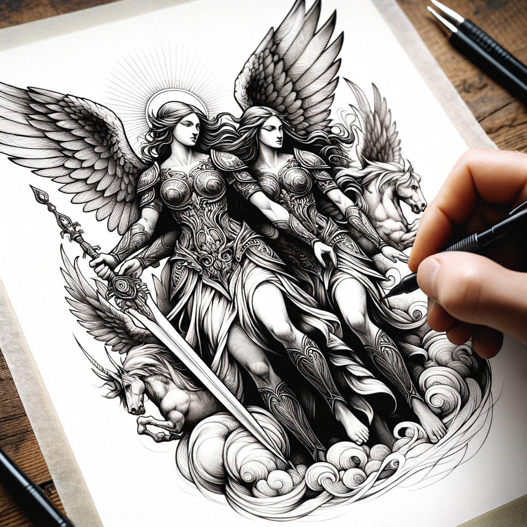 Beautiful warrior champion female guardian angels tattoo design