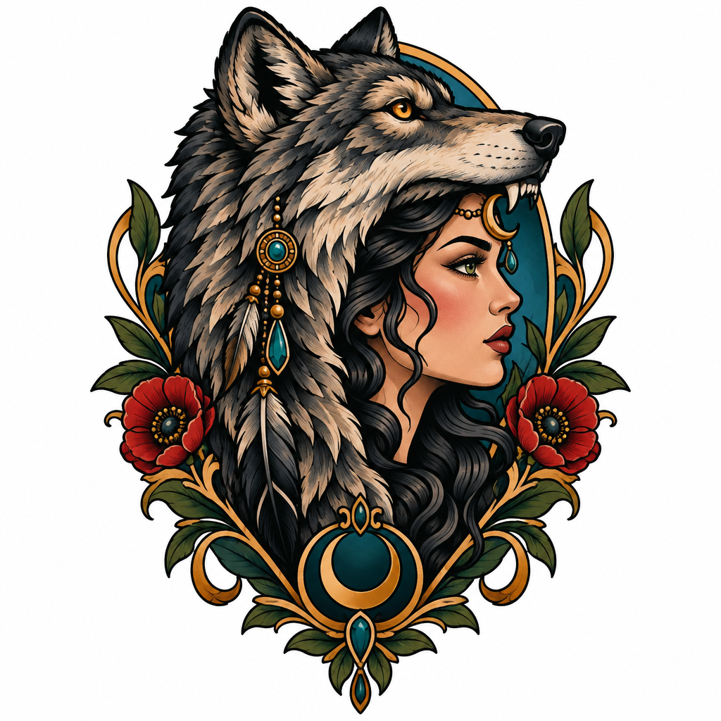 A woman's profile wearing a wolf-head headdress, a jewelled crescent moon on her brow, Neo-traditional, colour tattoo design