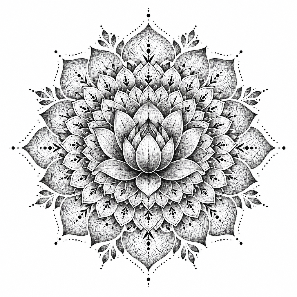 A mandala blooming outward from a lotus at its centre, each ring of petals finer than the last, Dotwork, black & grey tattoo design