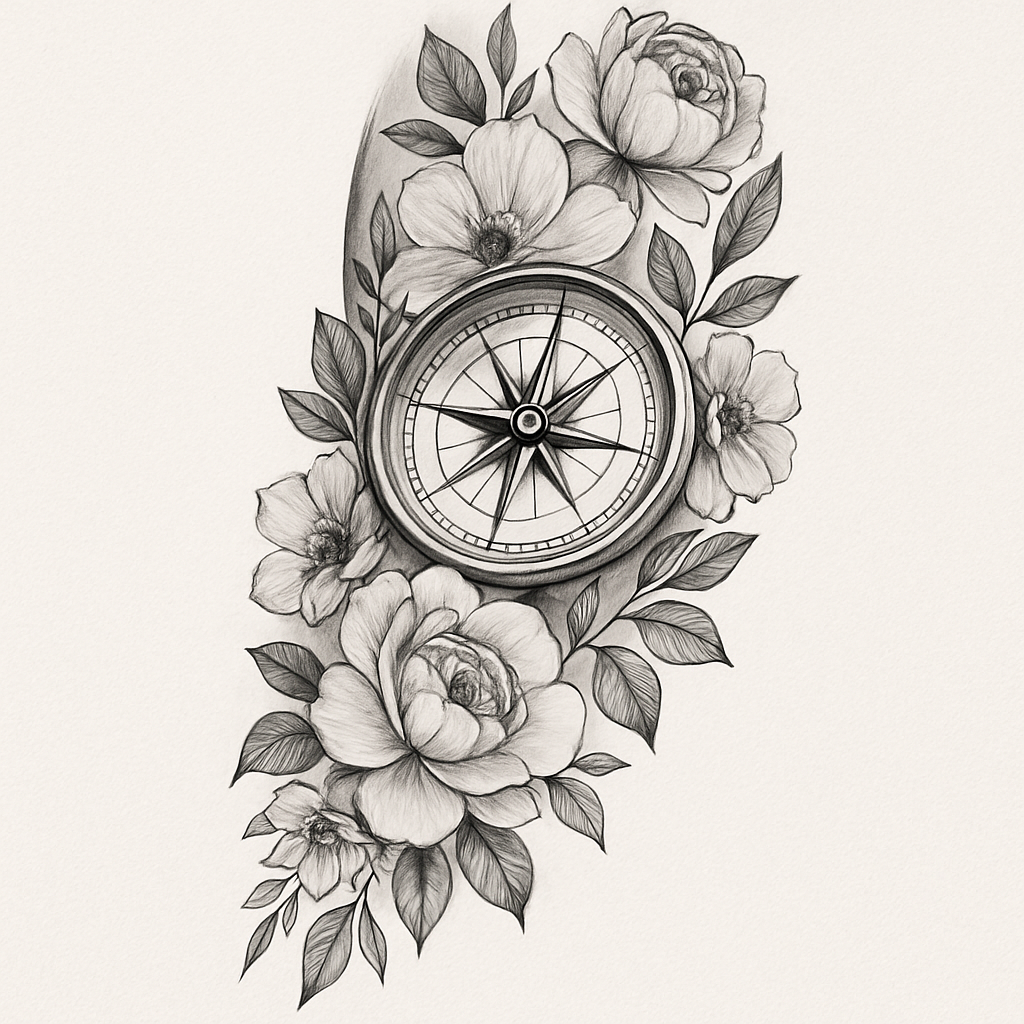 Floral arm sleeve with a compass tattoo design on a bright-white paper background, modern, realistic tattoo design