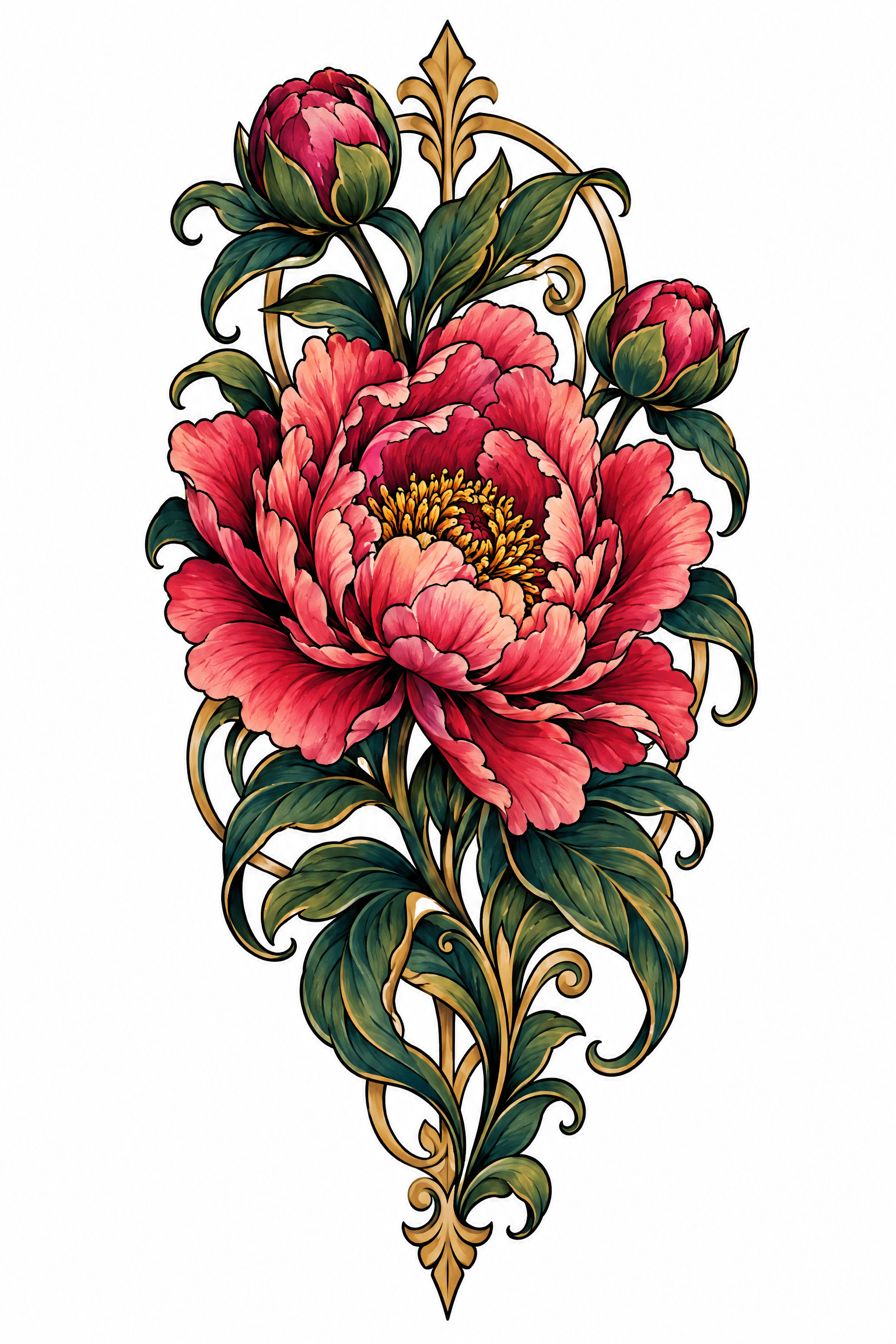 A peony in full bloom with two buds and curling leaves, Neo-traditional, colour tattoo design