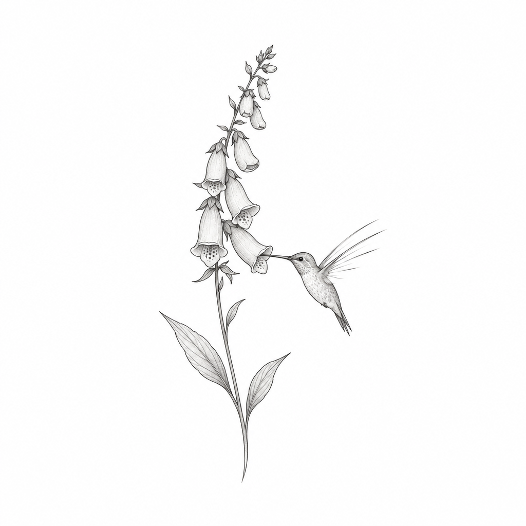 A tiny hummingbird drinking from a single foxglove, its wings drawn as three quick strokes, Fine-line, black & grey tattoo design