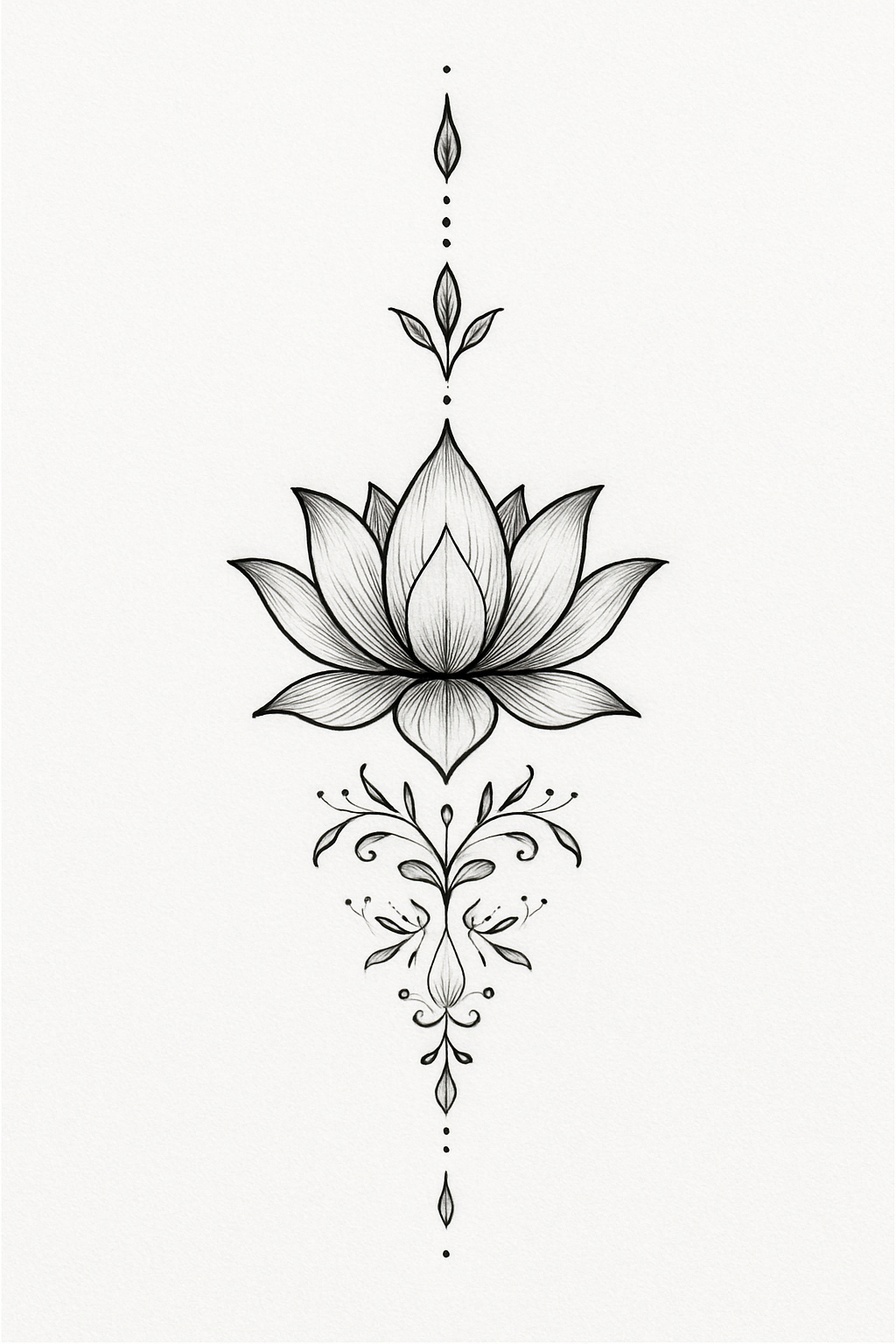 Elegant black and gray linework tattoo of a lotus flower centered on the spine, with ornamental details extending vertically tattoo design