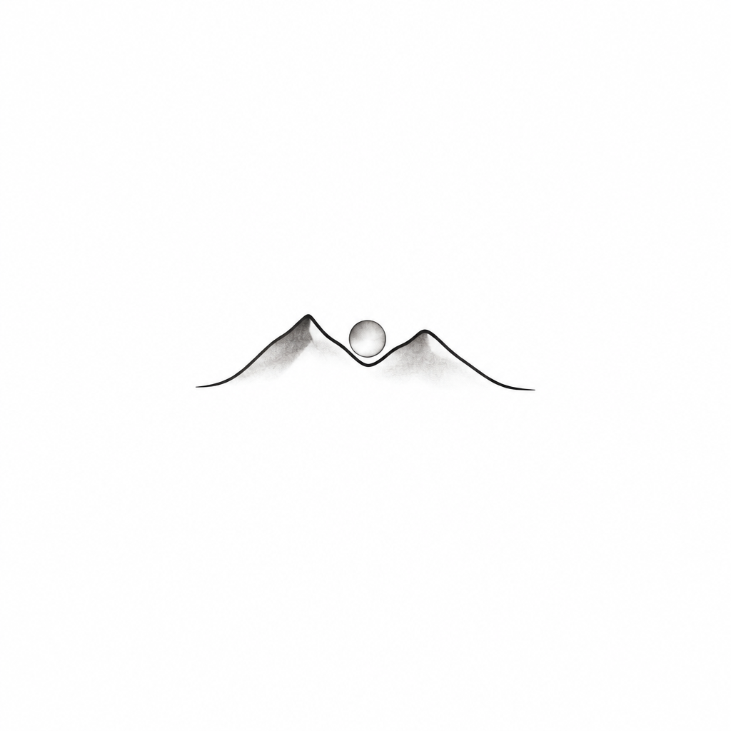 Two mountain peaks in a single continuous line, a small sun resting between them, Minimalist, black & grey tattoo design