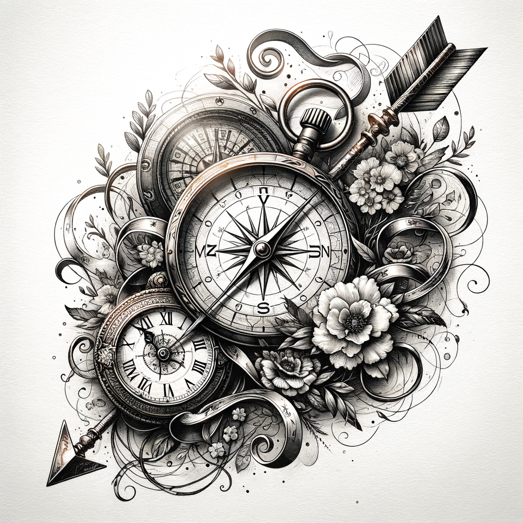 Compass, arrow, clock, flowers tattoo design