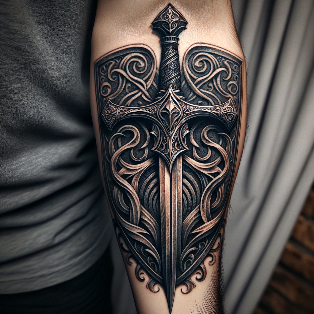 Forearm tattoo of detailed sword going through a shield tattoo design
