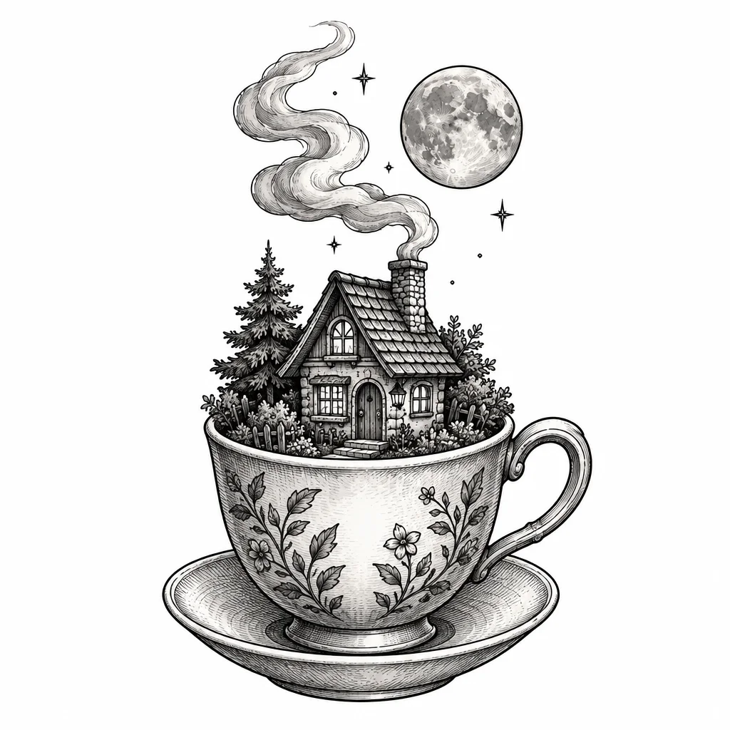 A tiny house inside a teacup, smoke curling from its chimney and a moon overhead, drawn like an old storybook etching
