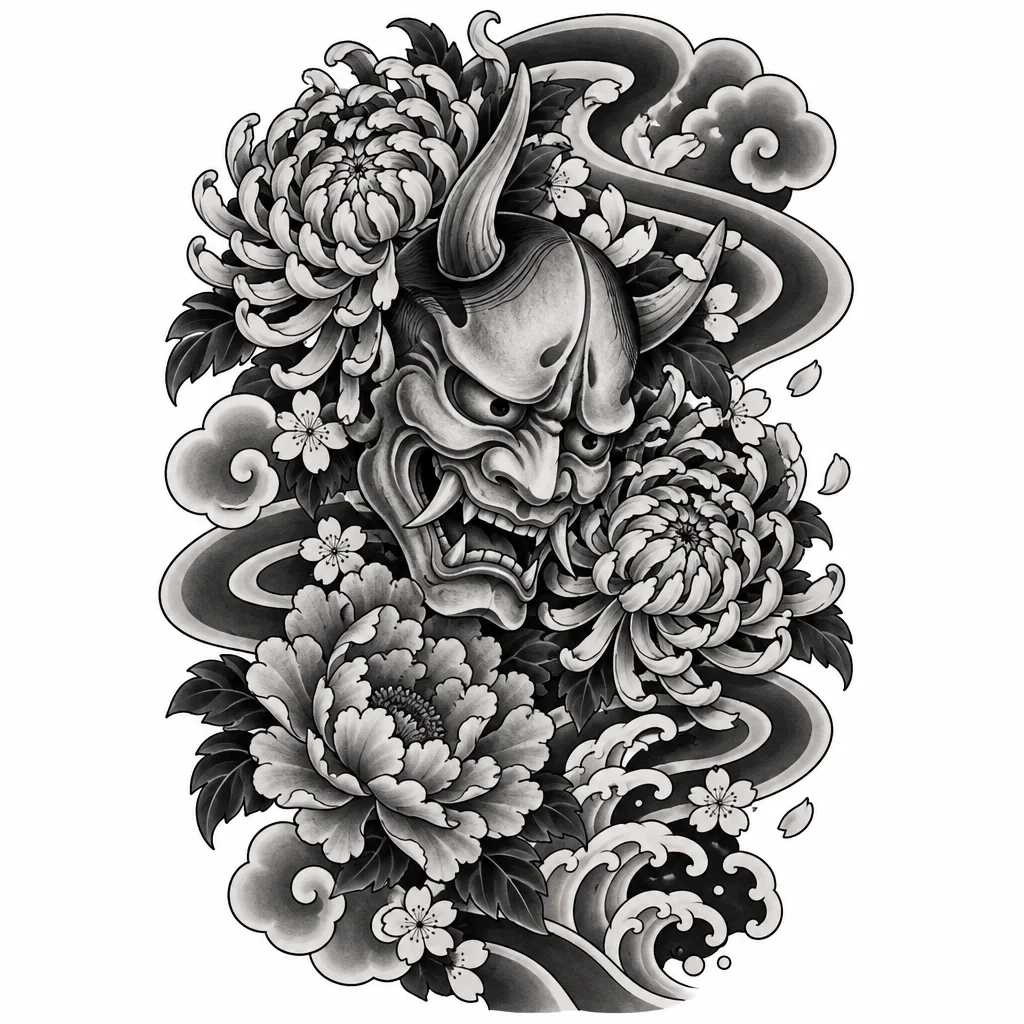 A hannya mask wreathed in chrysanthemums, with wind bars sweeping behind it