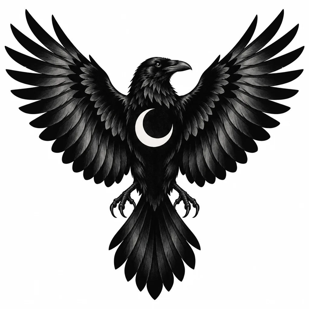 A raven with wings spread, filled solid black, a crescent moon cut out of its chest in bare skin