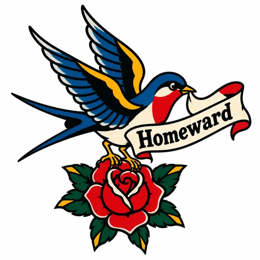 A swallow carrying a banner that reads "Homeward", with a red rose beneath its feet, Traditional, colour tattoo design