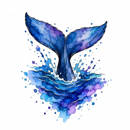 A whale's tail diving into a wash of deep blue and violet, held together by fine black outlines, Watercolour, colour tattoo design