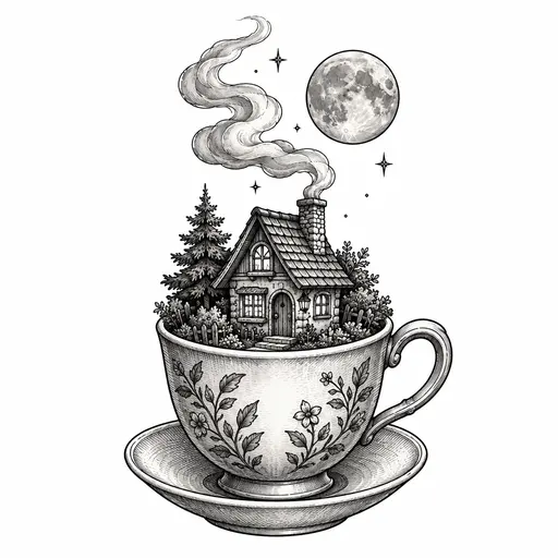 A tiny house inside a teacup, smoke curling from its chimney and a moon overhead, drawn like an old storybook etching, Illustrative, black & grey tattoo design
