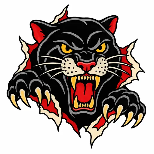 A panther's head tearing through the skin, mouth open, claws gripping the edges