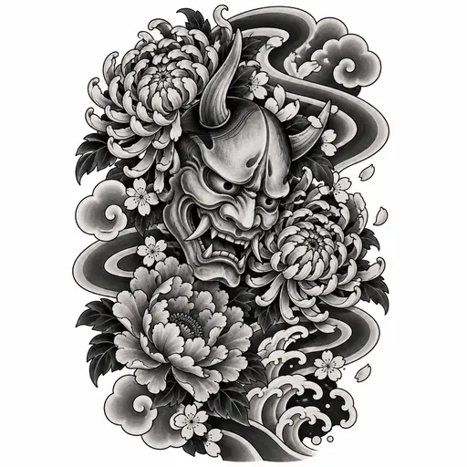 A hannya mask wreathed in chrysanthemums, with wind bars sweeping behind it