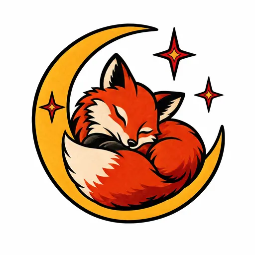 A fox curled up asleep inside a crescent moon, with a few small stars around it, Traditional, colour tattoo design