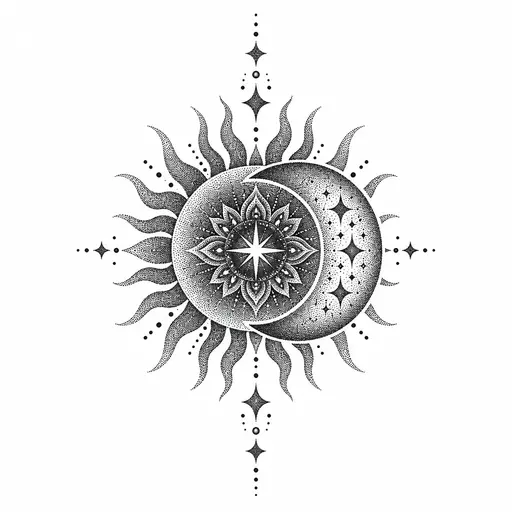 A sun and a crescent moon overlapping, shaded entirely in stippled dots that fade from dark to light, Dotwork, black & grey tattoo design