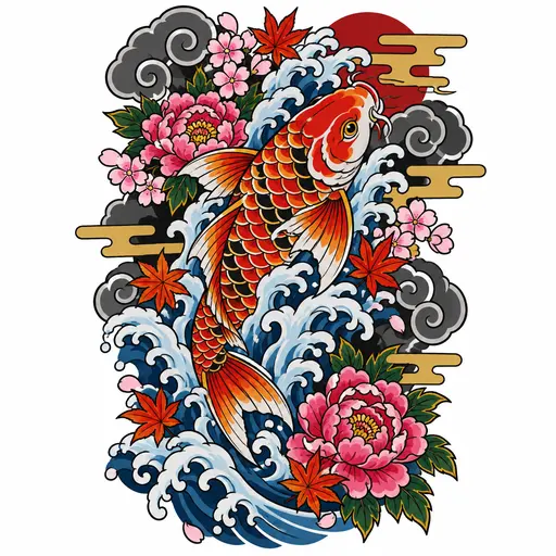 A koi swimming upstream through crashing waves, maple leaves floating on the water, Japanese, colour tattoo design