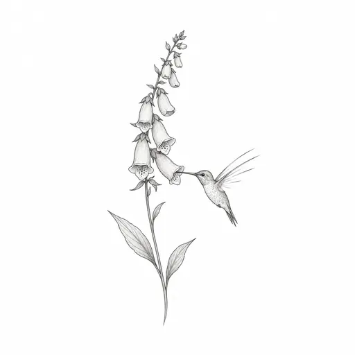 A tiny hummingbird drinking from a single foxglove, its wings drawn as three quick strokes, Fine-line, black & grey tattoo design