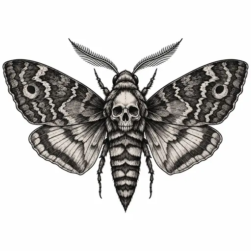 A moth with a skull on its back, Illustrative, black & grey tattoo design
