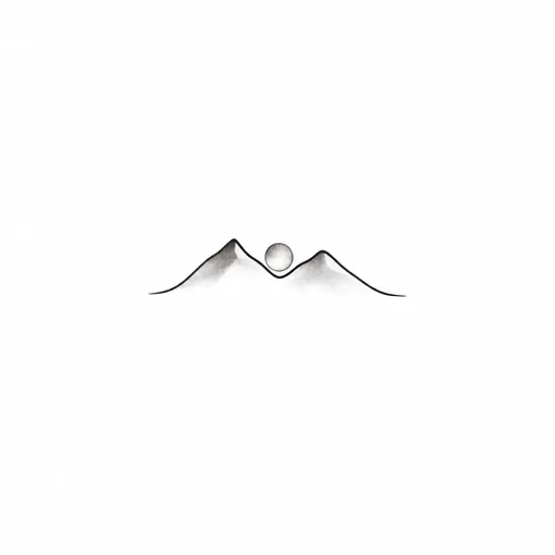 Two mountain peaks in a single continuous line, a small sun resting between them, Minimalist, black & grey tattoo design