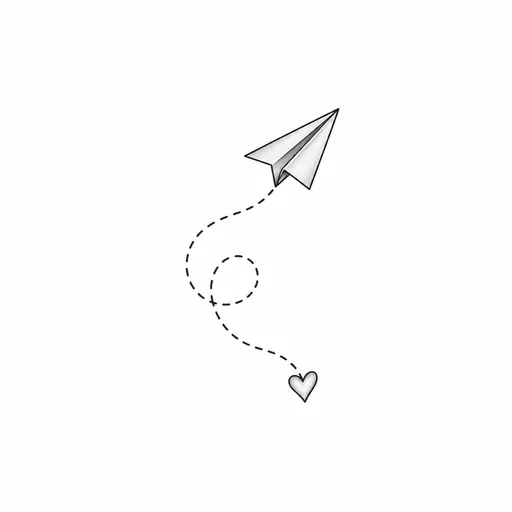 A paper plane whose dotted flight path loops once and ends in a small heart
