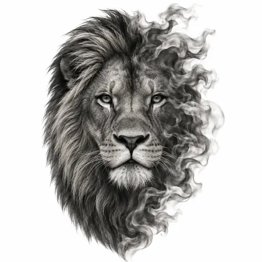 A lion's face in soft morning light, half of its mane dissolving into smoke, Realism, black & grey tattoo design