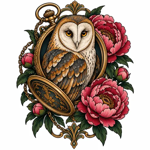 A barn owl framed by an open pocket watch and peonies, with amber eyes and richly layered feathers, Neo-traditional, colour tattoo design