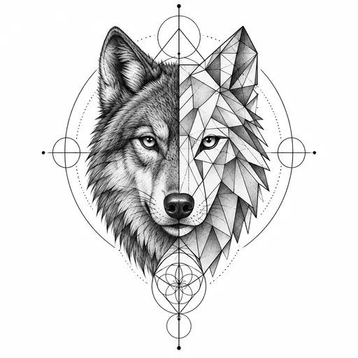 A wolf's head built from triangles and fine linework, one half realistic and the other pure geometry, Geometric, black & grey tattoo design