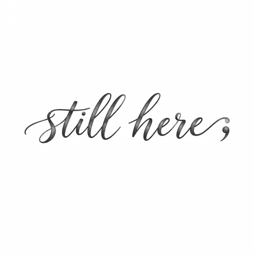 The words "still here" in loose handwritten script, with a small semicolon at the end, Script / lettering, black & grey tattoo design