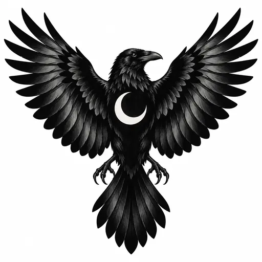 A raven with wings spread, filled solid black, a crescent moon cut out of its chest in bare skin, Blackwork, black & grey tattoo design